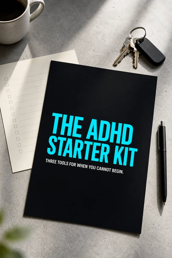 The ADHD Starter Kit printed and lying on a desk beside a pen, with a cream worksheet showing a short list and checkboxes.