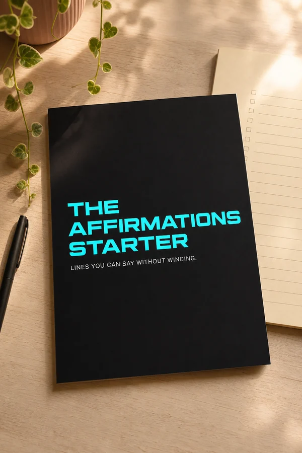 The Affirmations Starter printed and lying on a desk beside a pen, with a cream card showing a short written line.