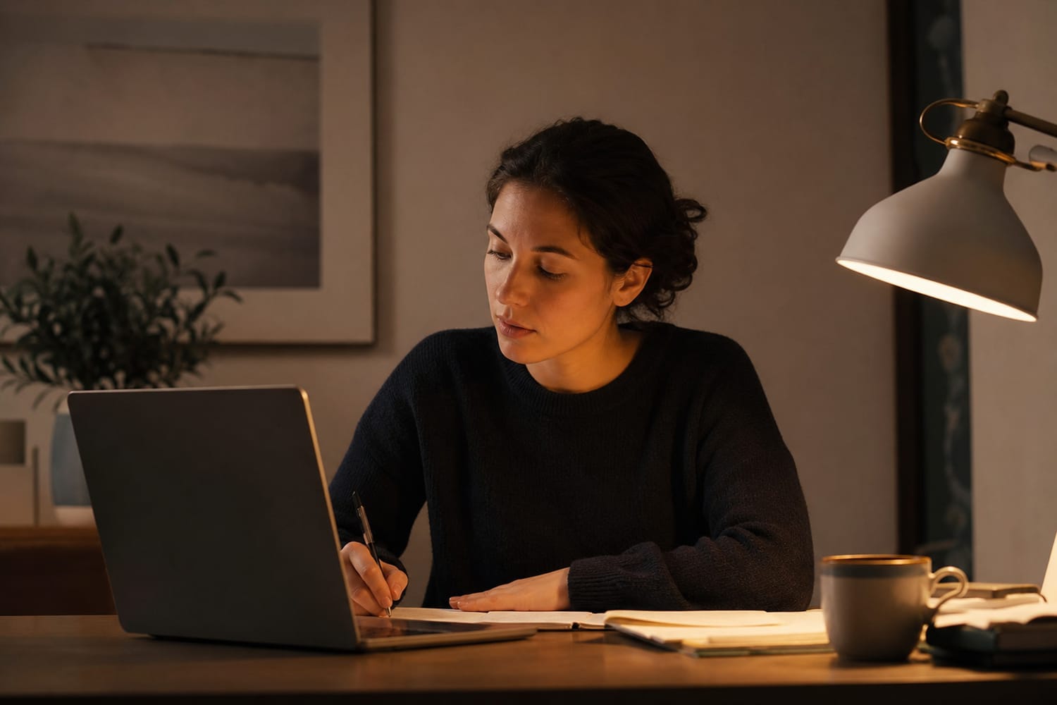 Calm workspace at sunrise, notebook and coffee, warm light