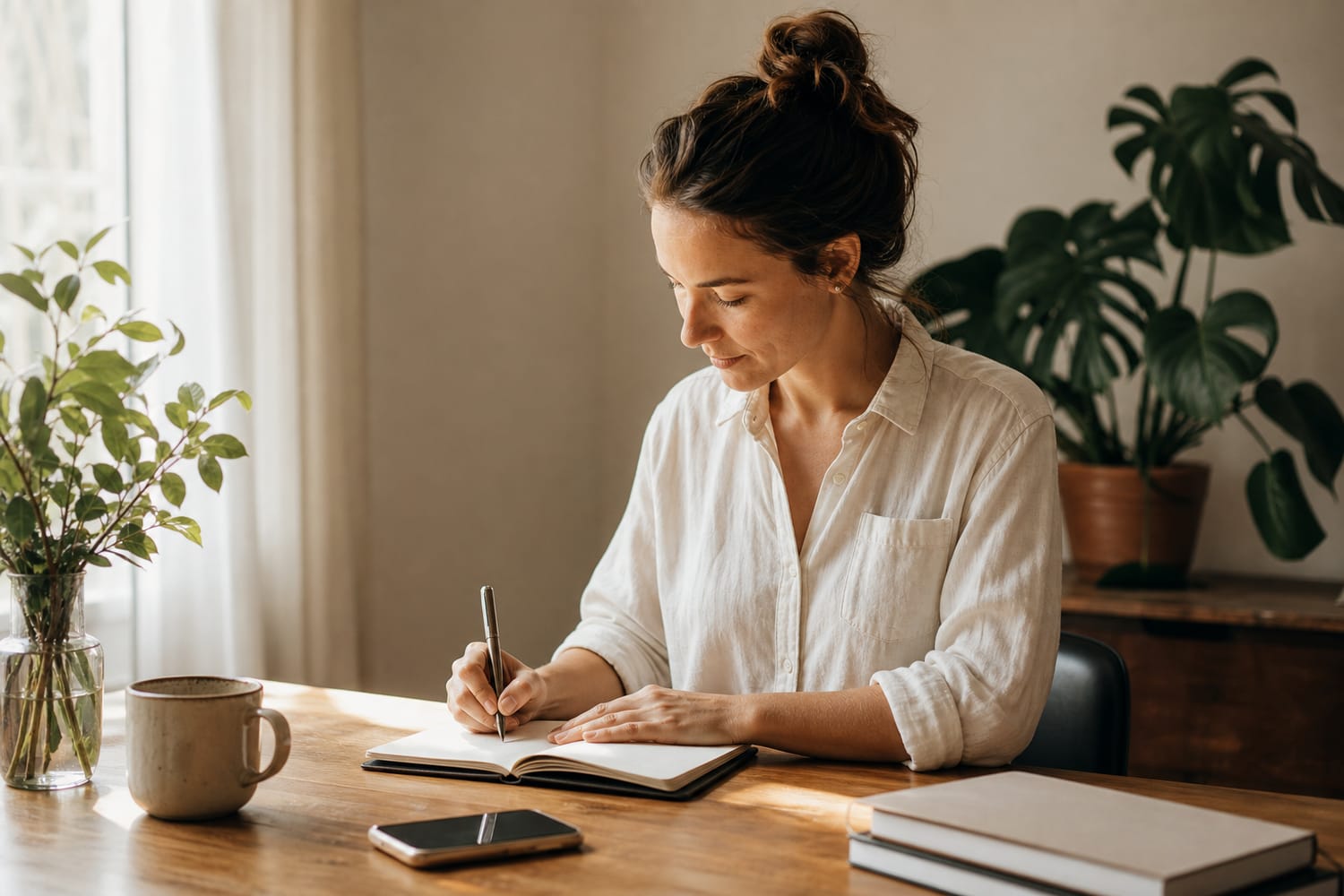 A woman writing in a planner at a tidy wooden desk in morning light.