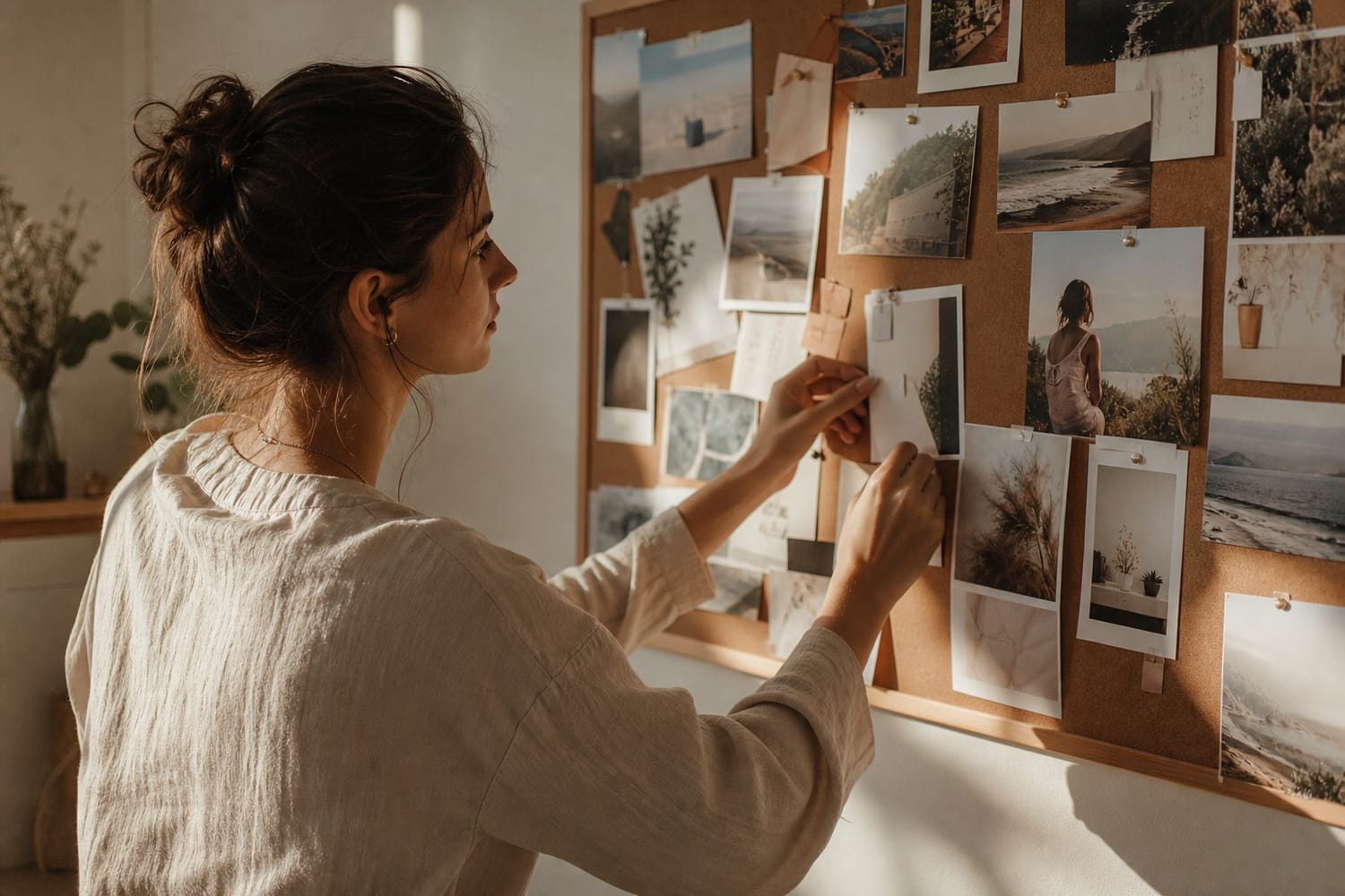 A woman arranging photos and notes on a cork vision board.
