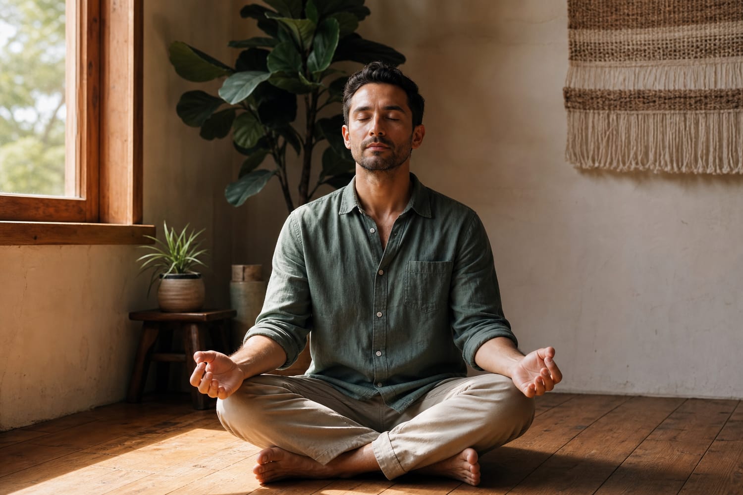 A man sitting cross-legged meditating in soft window light.