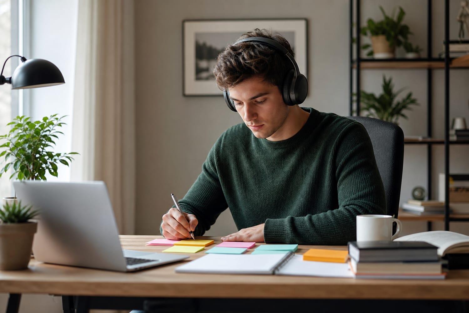 A young man focused at a calm, organised desk wearing headphones.