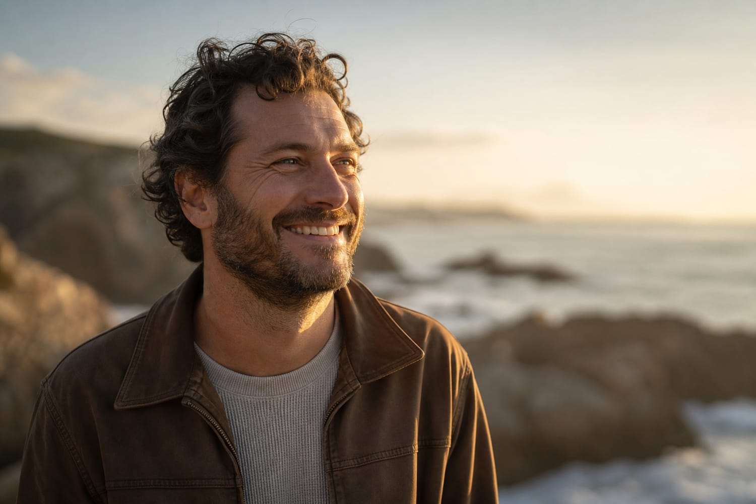 A man smiling genuinely outdoors in golden hour light.