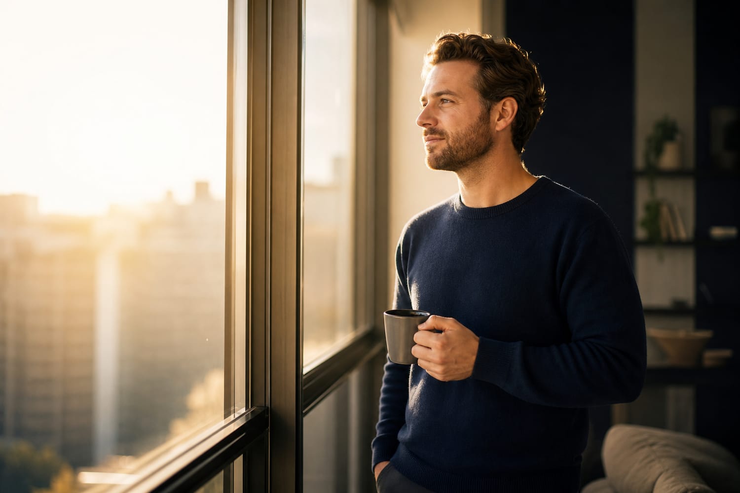 A man standing by a window in golden morning light with a calm, hopeful expression, holding a mug of coffee.