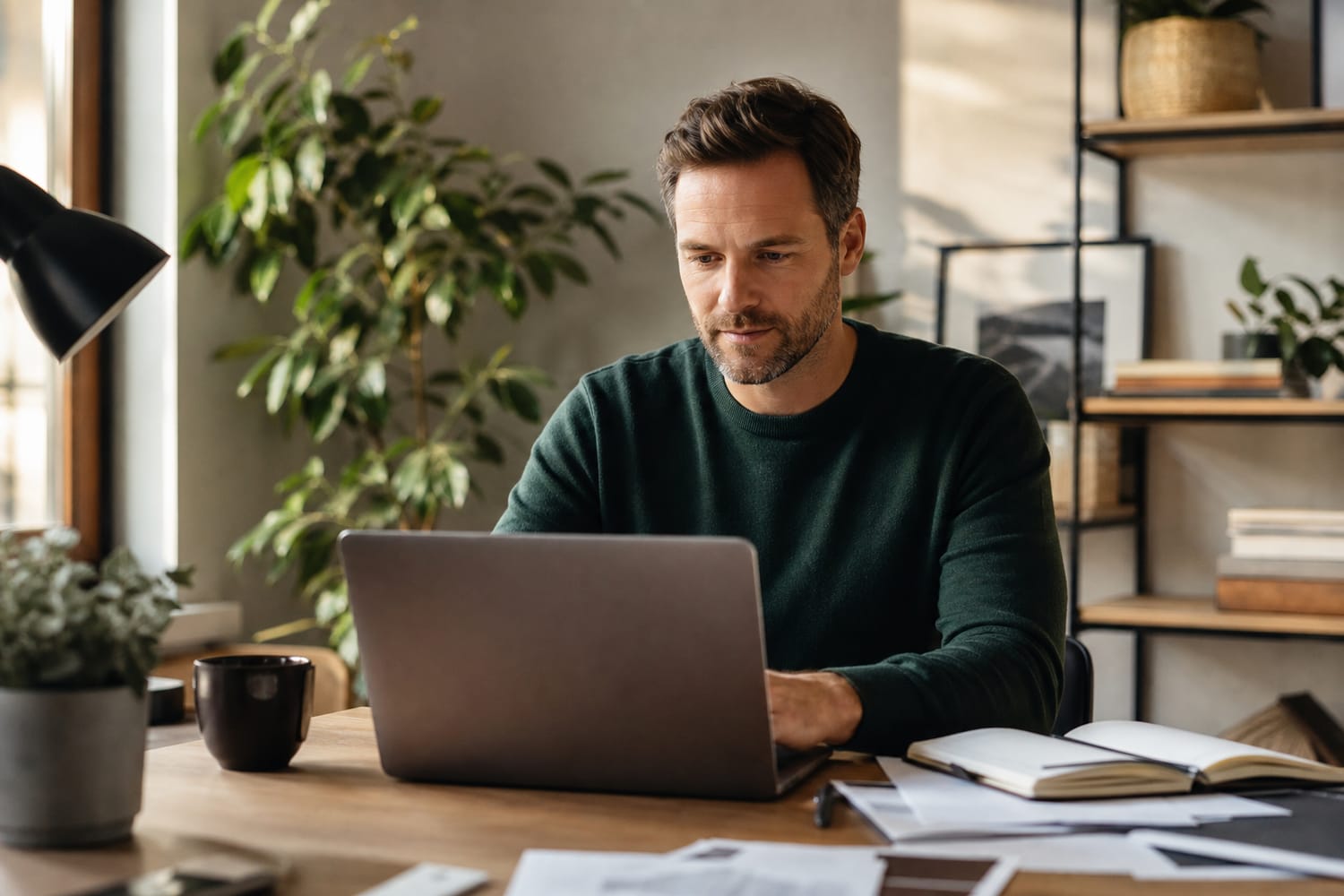 A man at a tidy desk using a laptop with a focused, capable expression, calmly getting organised in a bright workspace.