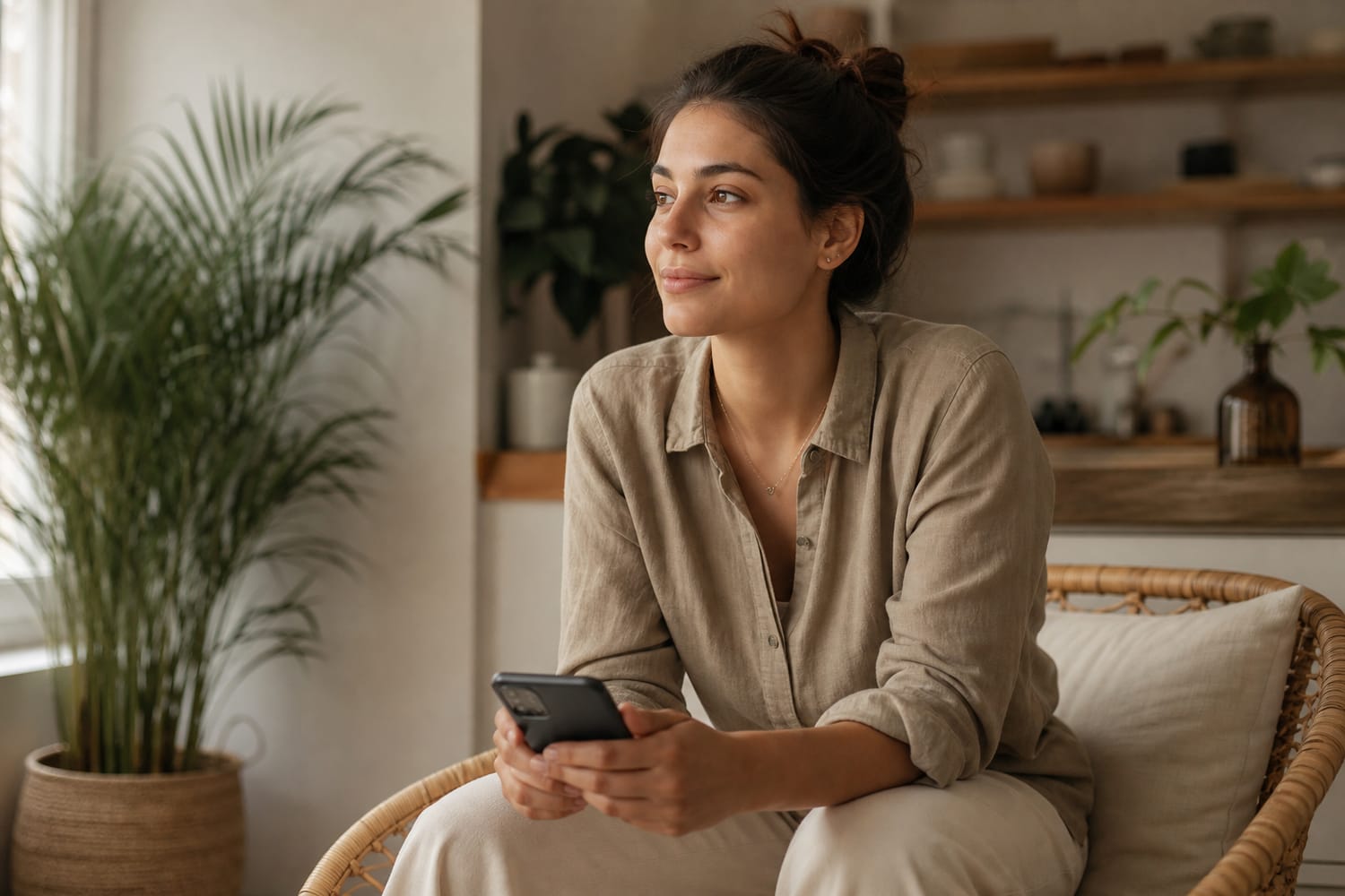 A young woman looking calm and in control, phone in hand, having just organised her day, soft natural light.