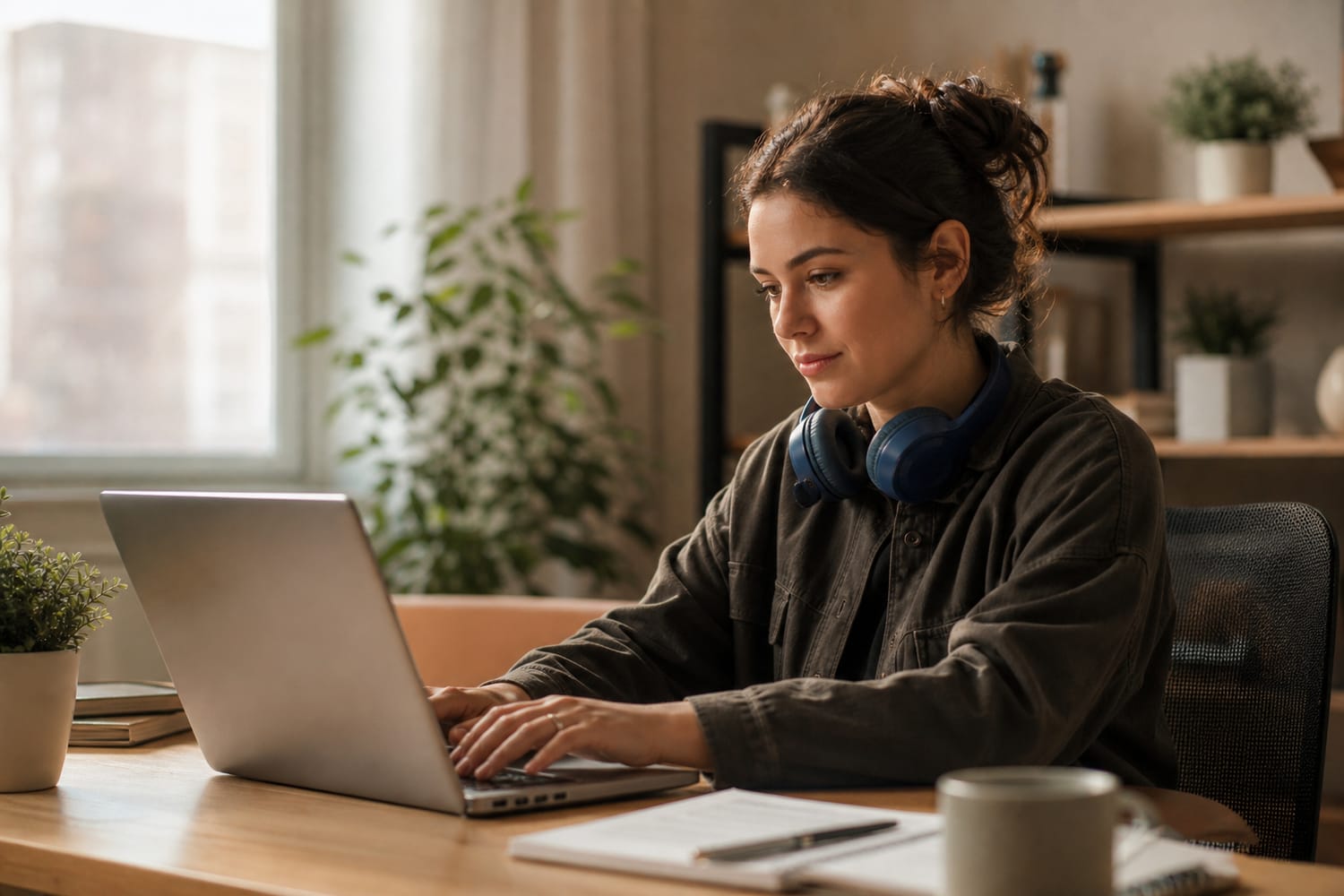 A young woman at a tidy desk using a laptop with a focused, capable expression.