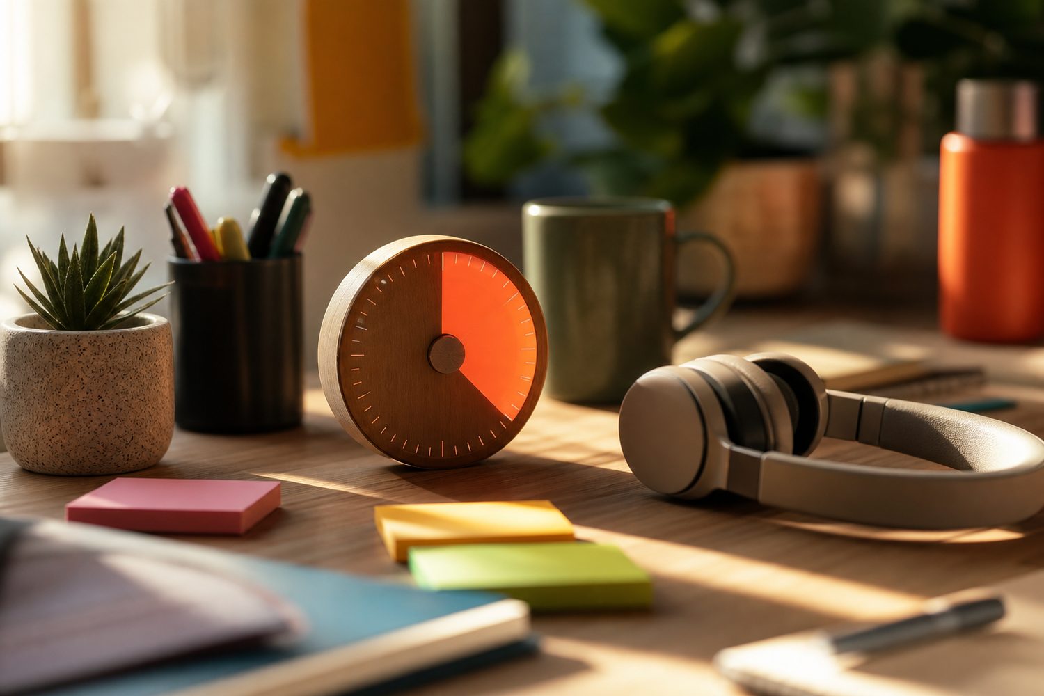 A colourful desk setup with a visual countdown timer, sticky notes in bright colours, and a pair of headphones, warm natural light across the workspace