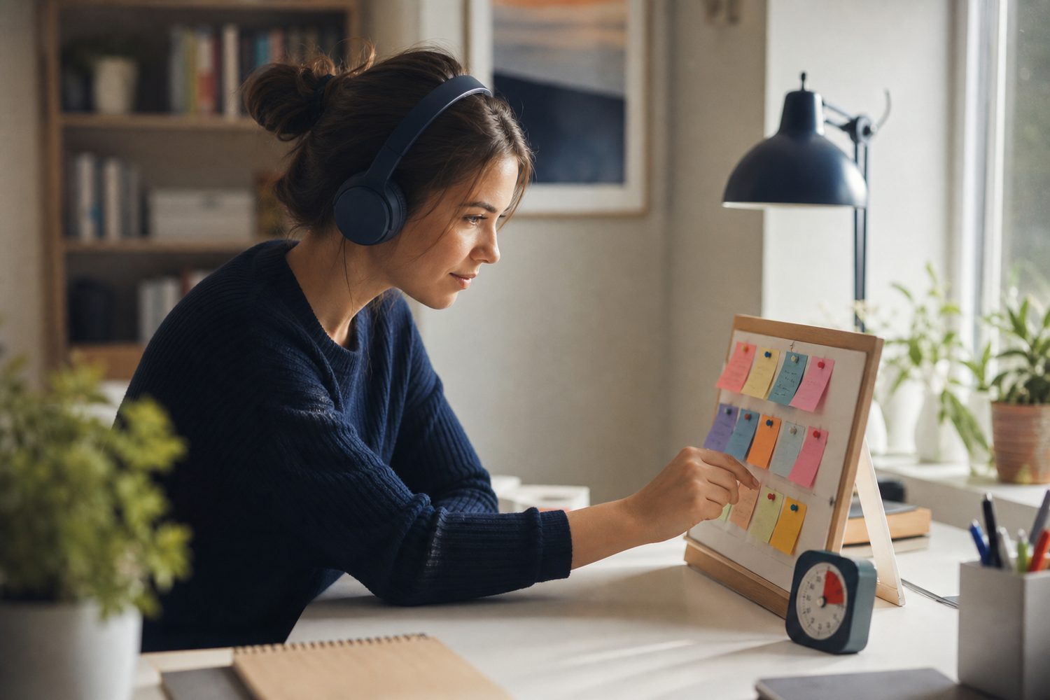 A young woman at a bright desk wearing headphones, leaning forward with genuine engagement toward a colourful task board and a small timer, soft morning light through a nearby window.