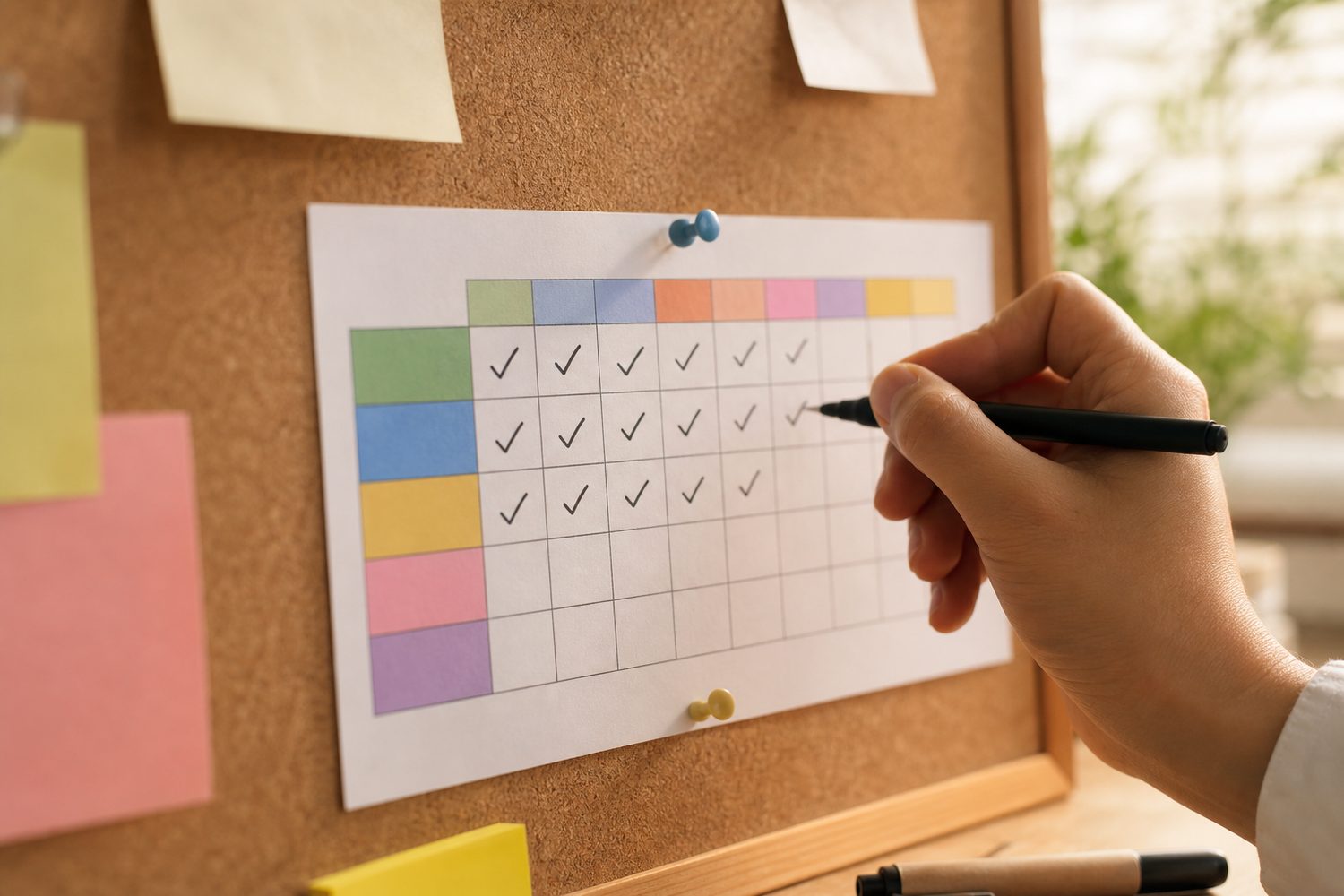 A hand placing a tick on a simple, colourful habit tracker pinned to a cork board, with sticky notes and a pen nearby, warm afternoon light