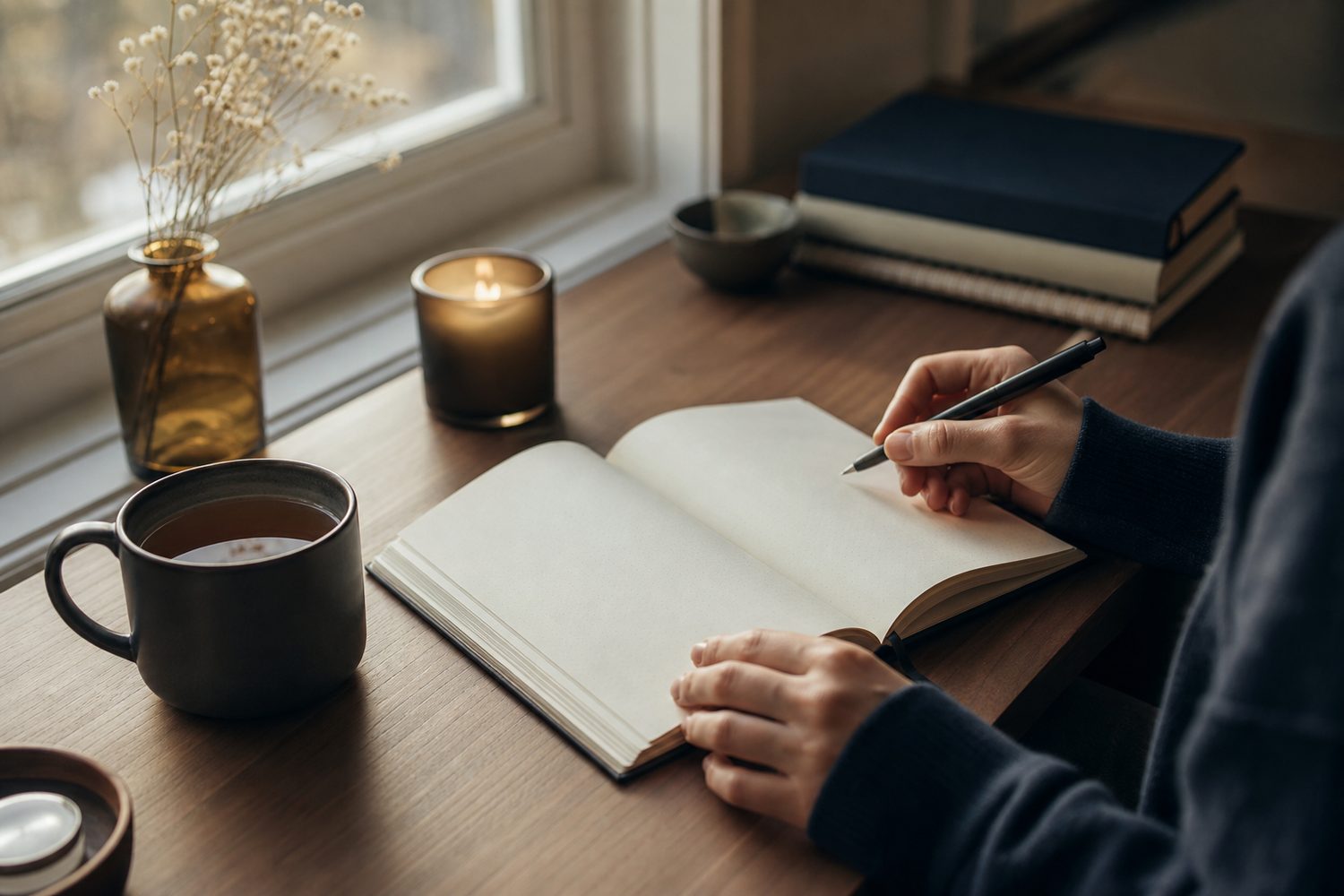 A calm morning desk scene with a journal, a warm mug of tea, and a simple to do list with three items, soft golden light from a nearby window, gender neutral hands holding a pen