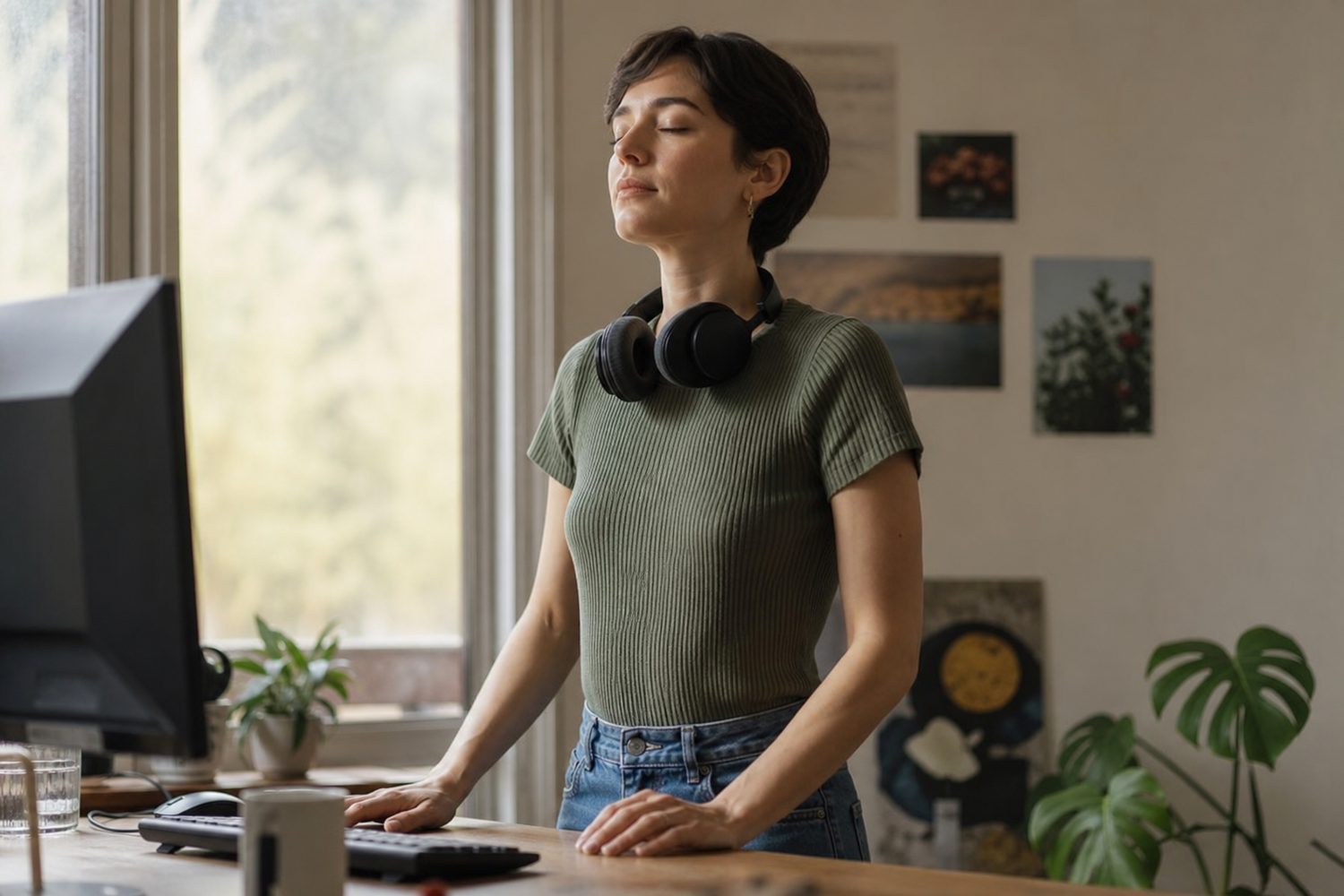 A person with closed eyes taking a slow breath at a standing desk, headphones around their neck, a window showing soft daylight, calm and centred mid task pause