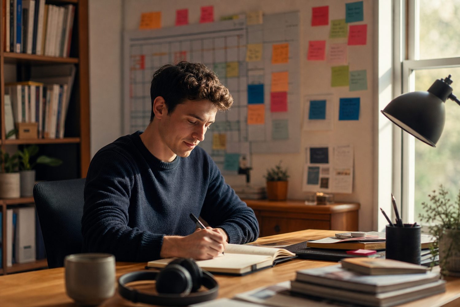 A young man sitting at a calm, organised desk with a colourful visual planner on the wall, sticky notes arranged neatly, and headphones resting nearby, bathed in soft morning light through a window, looking relaxed and capable.