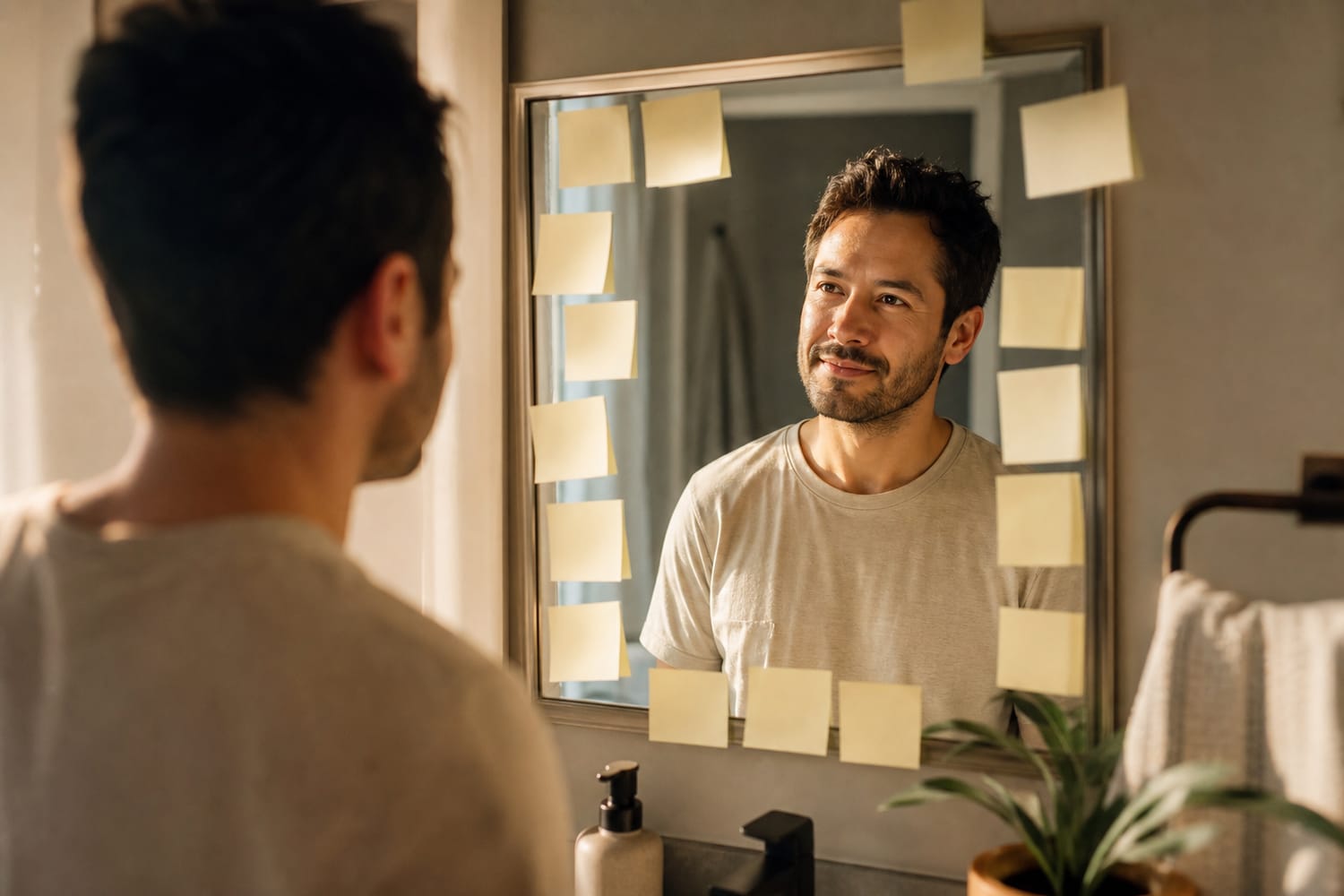 A man reading handwritten affirmation notes stuck around a mirror in morning light.