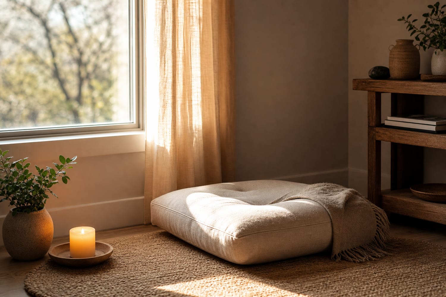 A cosy home meditation corner with a floor cushion by a sunlit window, a candle and a small plant.