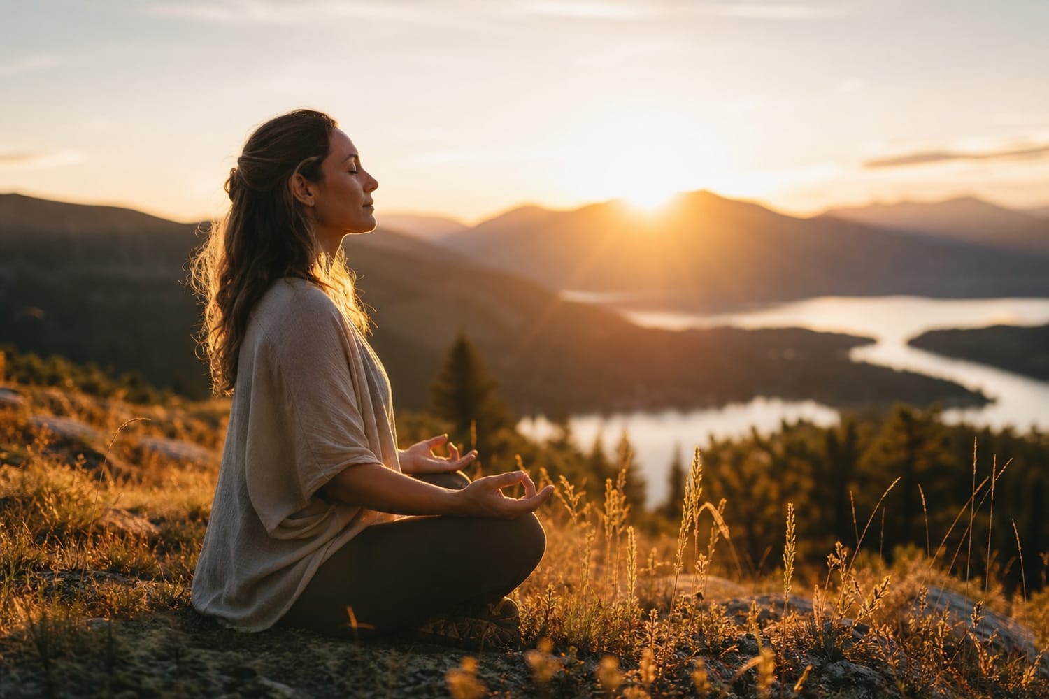 A woman meditating outdoors at sunrise on a quiet hillside.