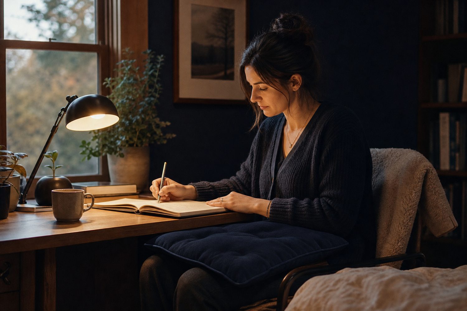 A woman working at a cosy home desk with a warm focus lamp casting a pool of light, a weighted lap pad across her legs, a notebook open, plants on the windowsill, calm afternoon light.