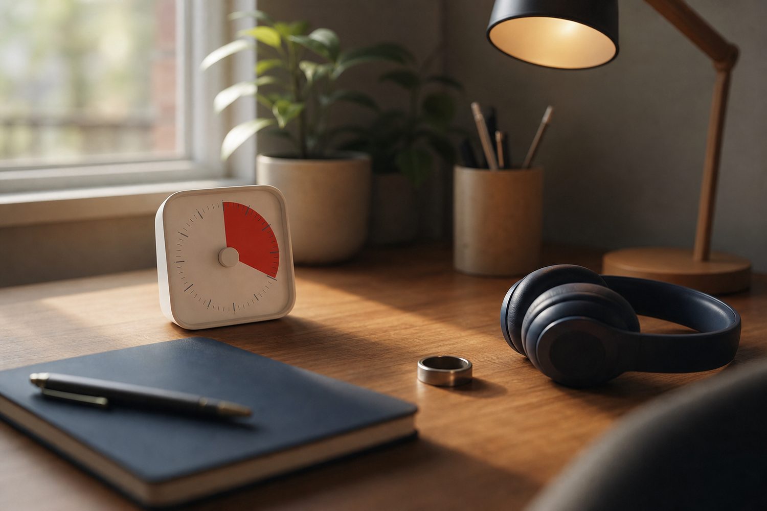 A calm tidy desk in warm morning light with a visual countdown timer showing red segments, a small discreet fidget ring, a warm toned focus lamp and a pair of headphones resting nearby, soft golden hour glow from a window.