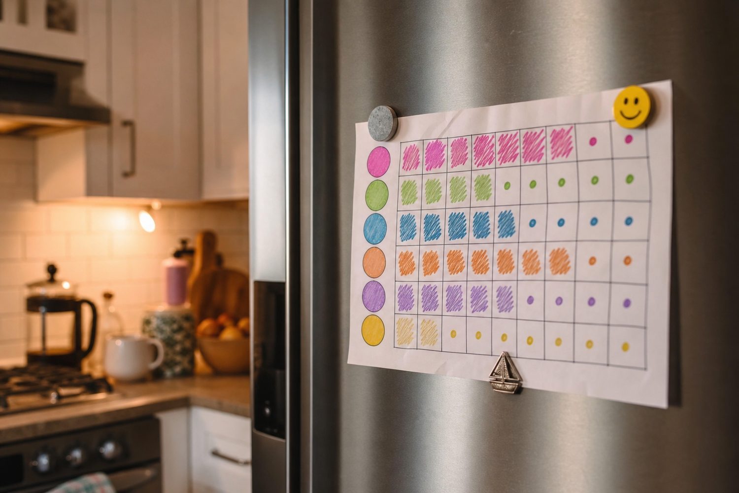 A colourful habit chart pinned to a fridge door in a real kitchen, some squares filled in with marker pen, magnets holding it in place, warm indoor lighting.