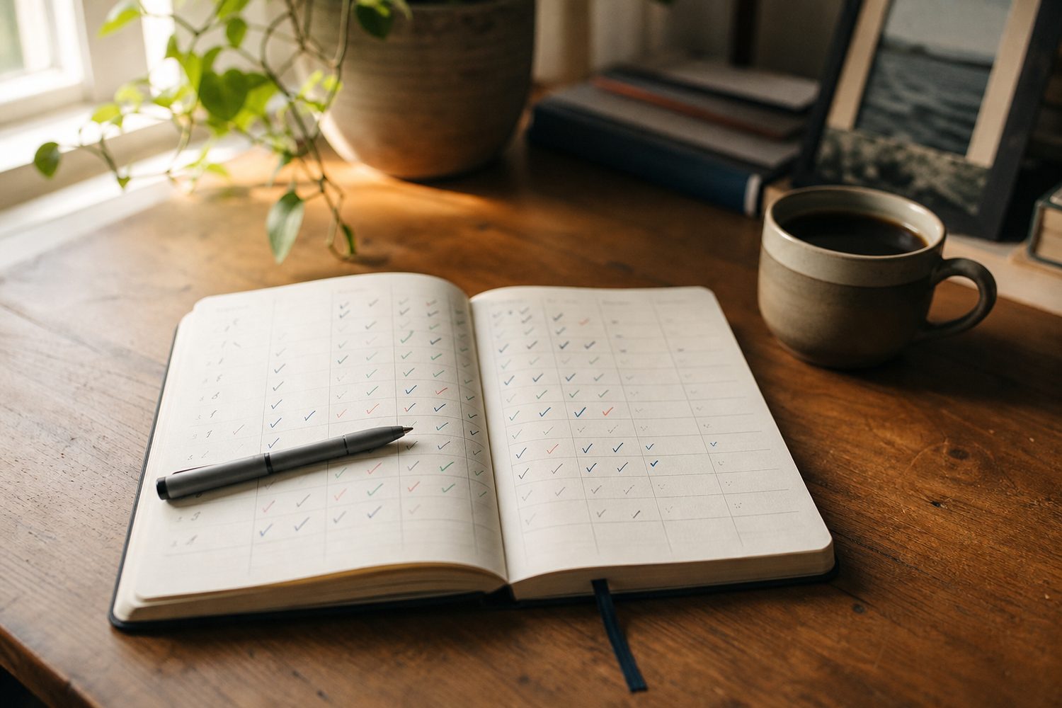 An open paper planner on a warm wooden desk showing a week of habit ticks in coloured ink, a pen resting on the page and a cup of coffee beside it, soft morning light from a nearby window.