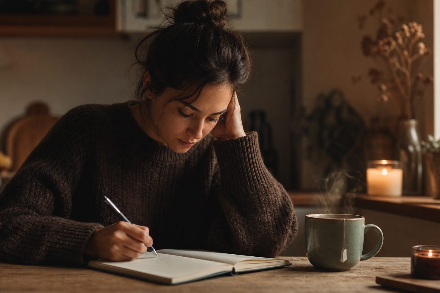 A person sitting at a kitchen table writing in a lined journal, a mug of herbal tea steaming beside them, a candle flickering in the background, warm golden light and a cosy atmosphere.