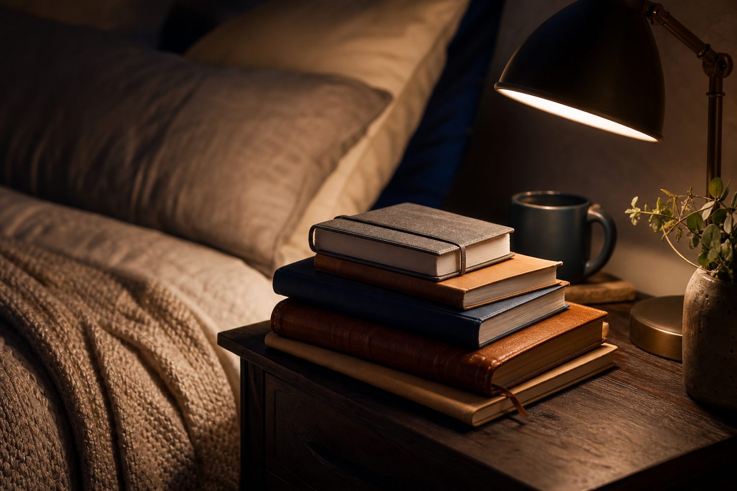 A small stack of beautiful journals and notebooks on a bedside table, different colours and textures, a reading lamp casting warm light across them, a peaceful bedroom setting.