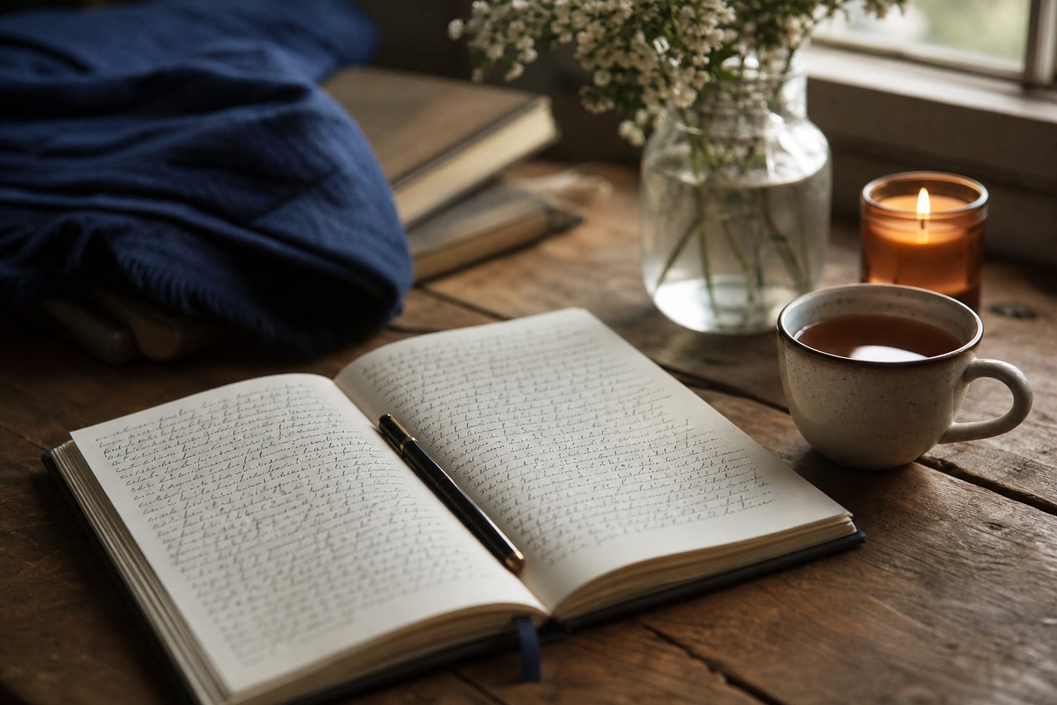 An open journal on a warm wooden table with a handwritten page visible, a pen resting across the spine, a cup of tea and a small lit candle beside it, soft morning light falling across the scene from a nearby window.