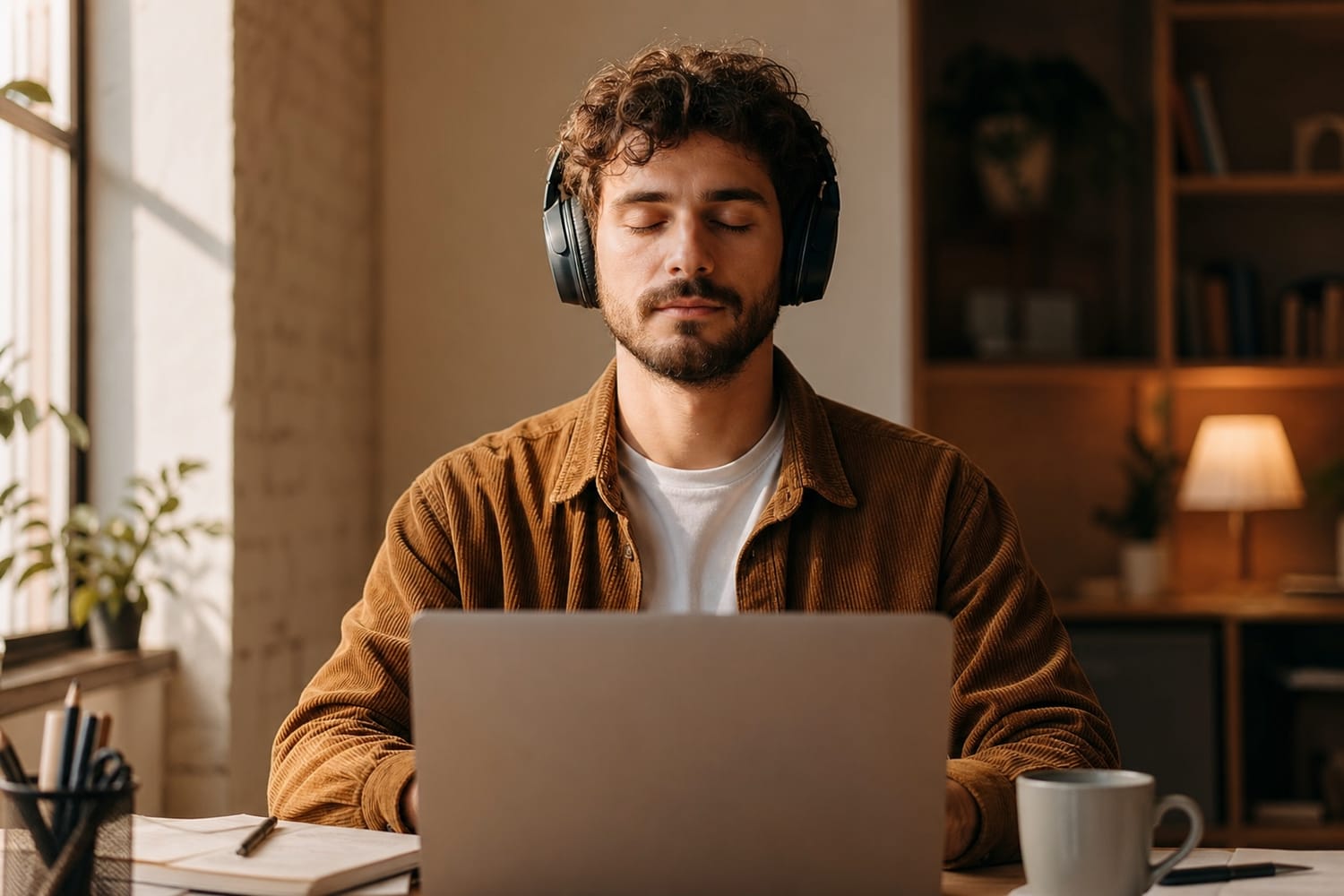 A man at a tidy desk wearing over ear headphones with his eyes closed, focused and calm, warm natural light.