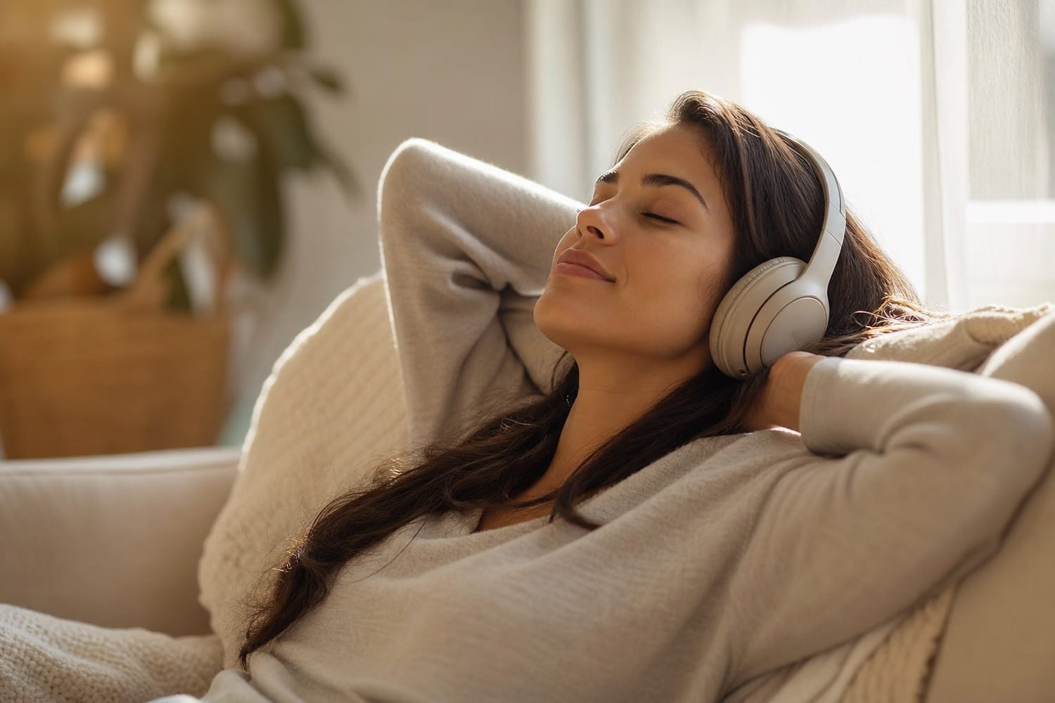 A woman reclining comfortably with over ear headphones in soft warm light, deeply relaxed with her eyes closed.