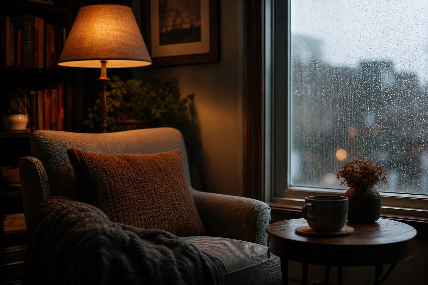 A quiet corner with a soft armchair, a warm lamp and a cup of tea by a rain streaked window, a calm space to decompress, warm and restful tones.