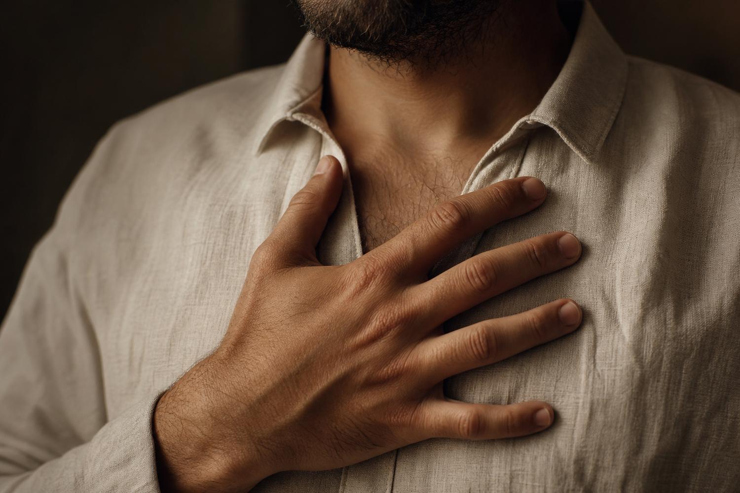 A close up of a man's hand resting gently on his chest mid breath, soft warm light falling across his fingers