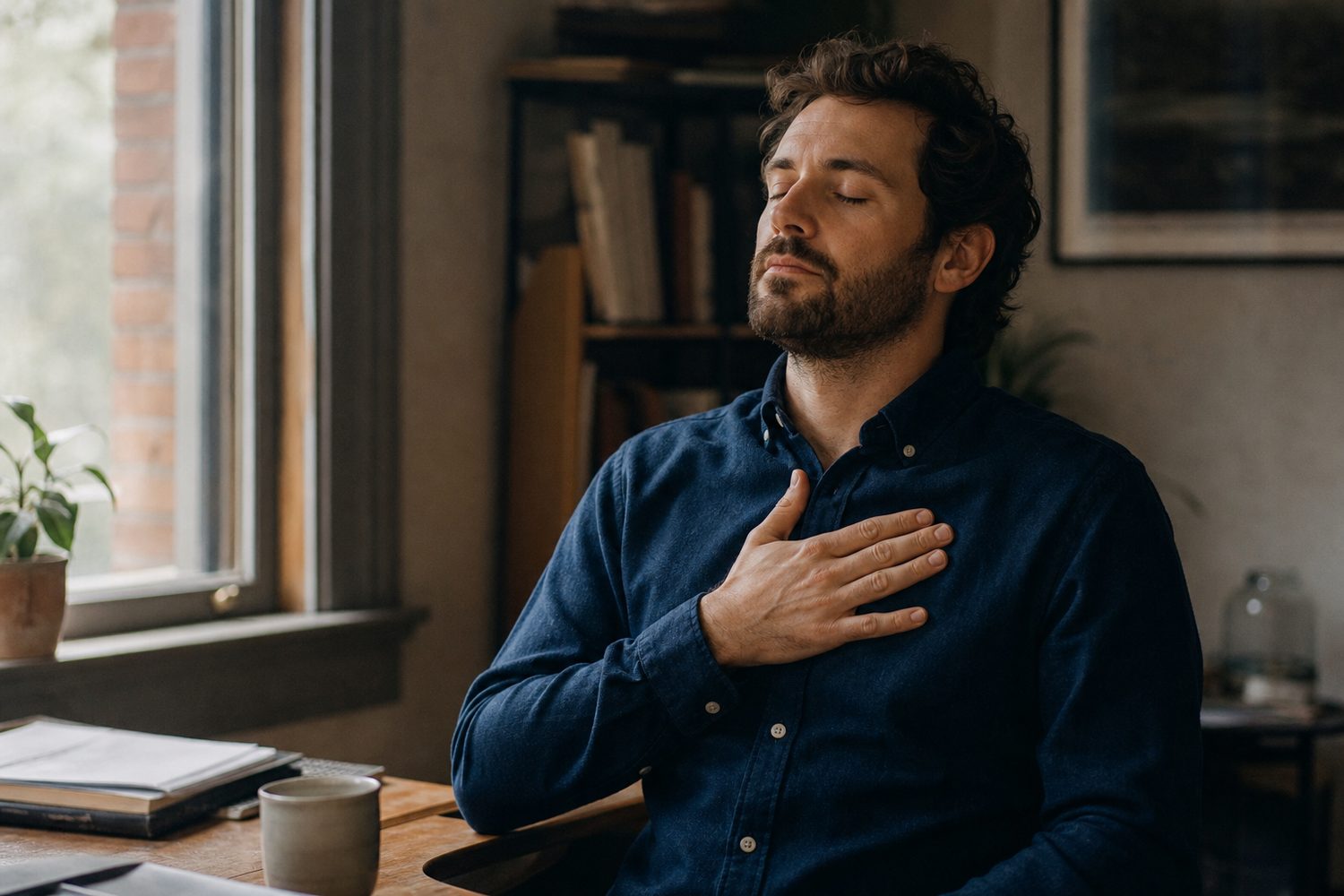 A man sitting at a desk near a window with his eyes closed and one hand resting on his chest, taking a slow steadying breath in soft natural light.