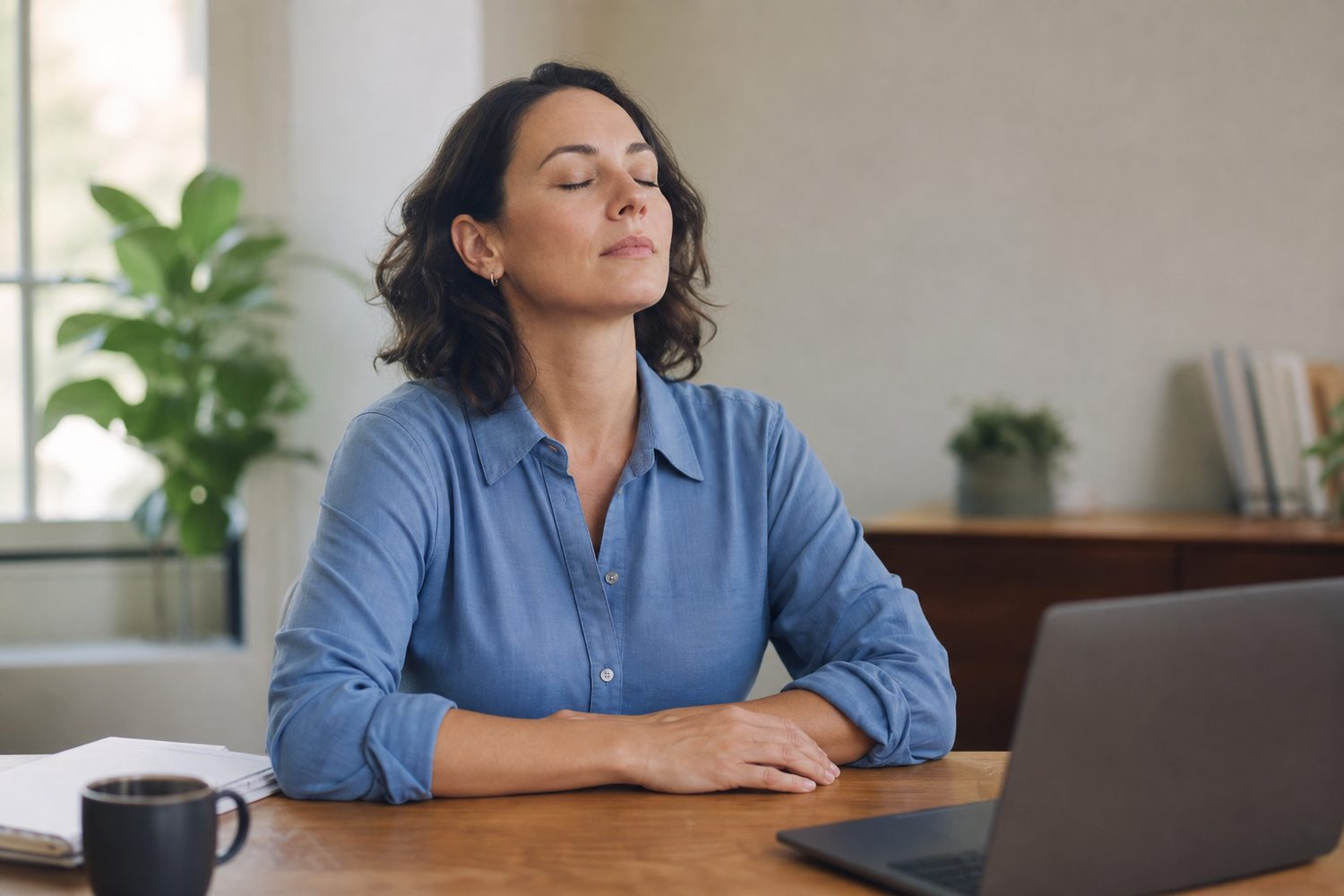 A woman at a tidy desk pausing with her eyes closed, shoulders relaxed, taking a slow steadying breath in soft daylight.