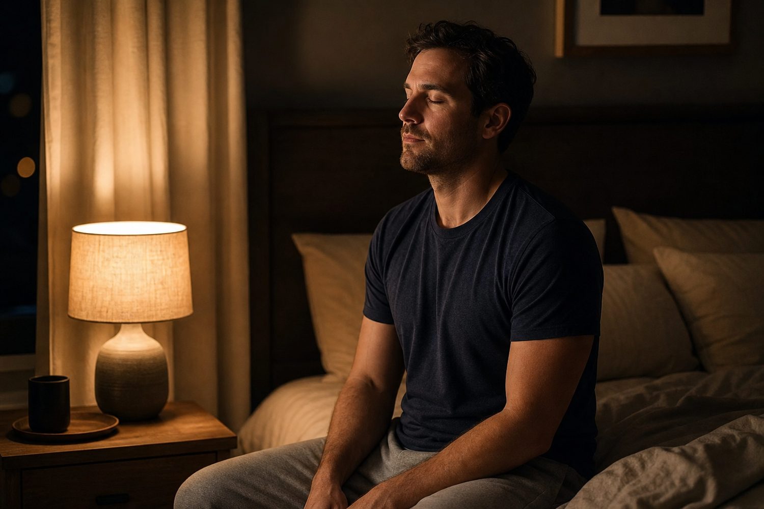 A man sitting on the edge of his bed in warm lamplight at night, eyes closed, breathing slowly to wind down before sleep.