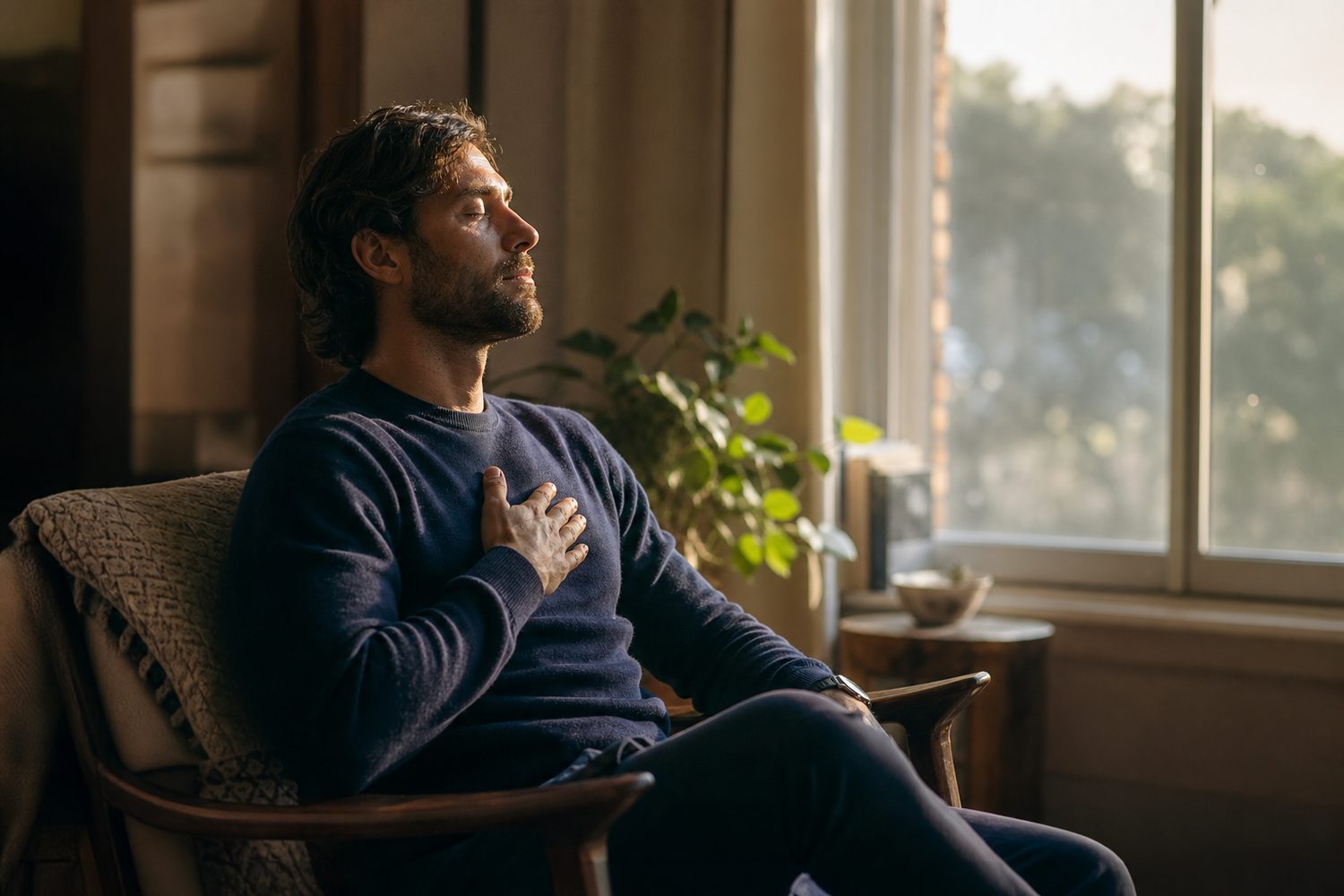 A man sitting calmly by a window in soft morning light, one hand resting on his chest as he takes a slow breath.