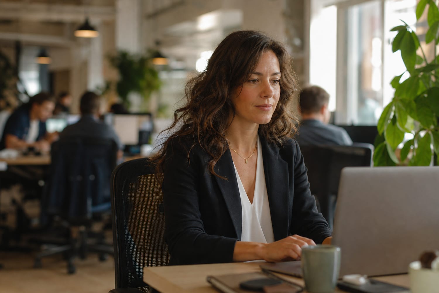A woman working calmly and focused at a desk in a lively open plan office, soft natural light, unbothered by the noise around her.