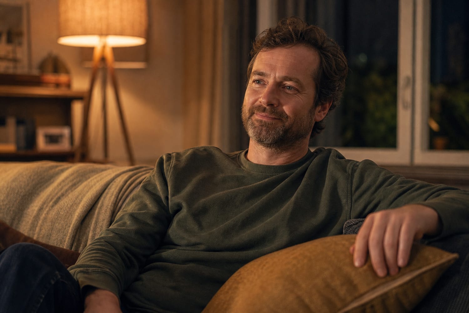 A man relaxing contentedly on a sofa at home in the evening, warm lamp light, calm and unwound.
