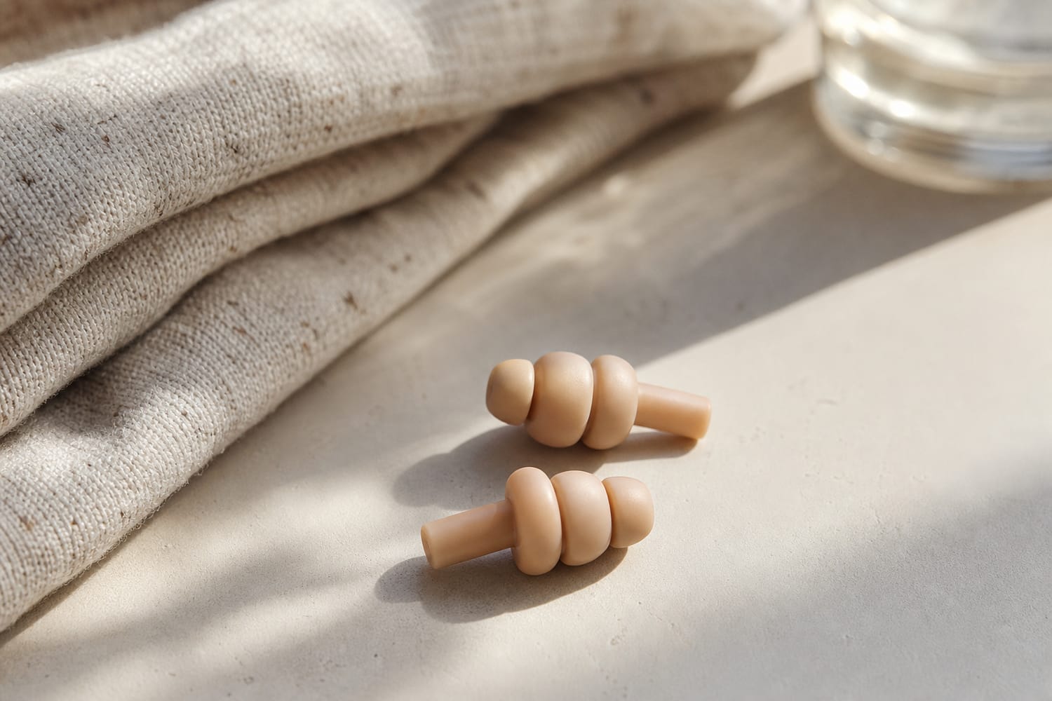 A close-up still life of small discreet noise-reduction earplugs on a calm neutral surface.