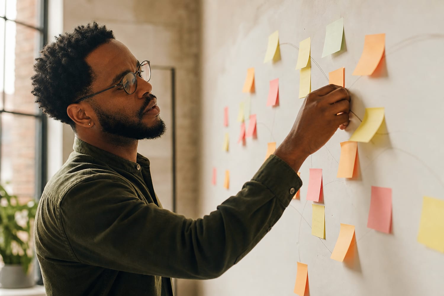 A man mapping out a goal on a wall of sticky notes, focused and engaged, breaking a big plan into clear steps, warm natural light.