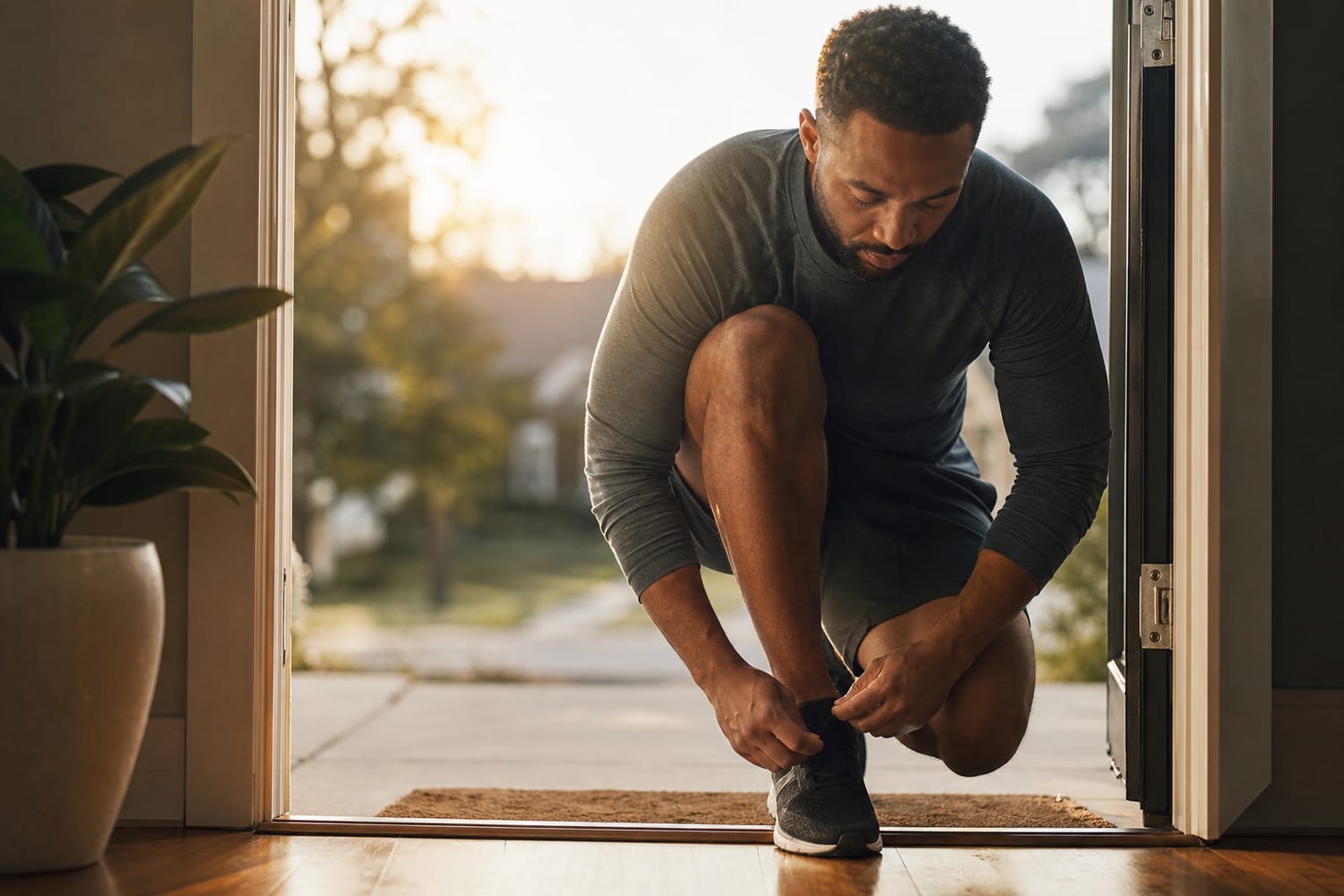 A man lacing up his running shoes at his front door, about to take a concrete first step toward a goal, soft morning light.