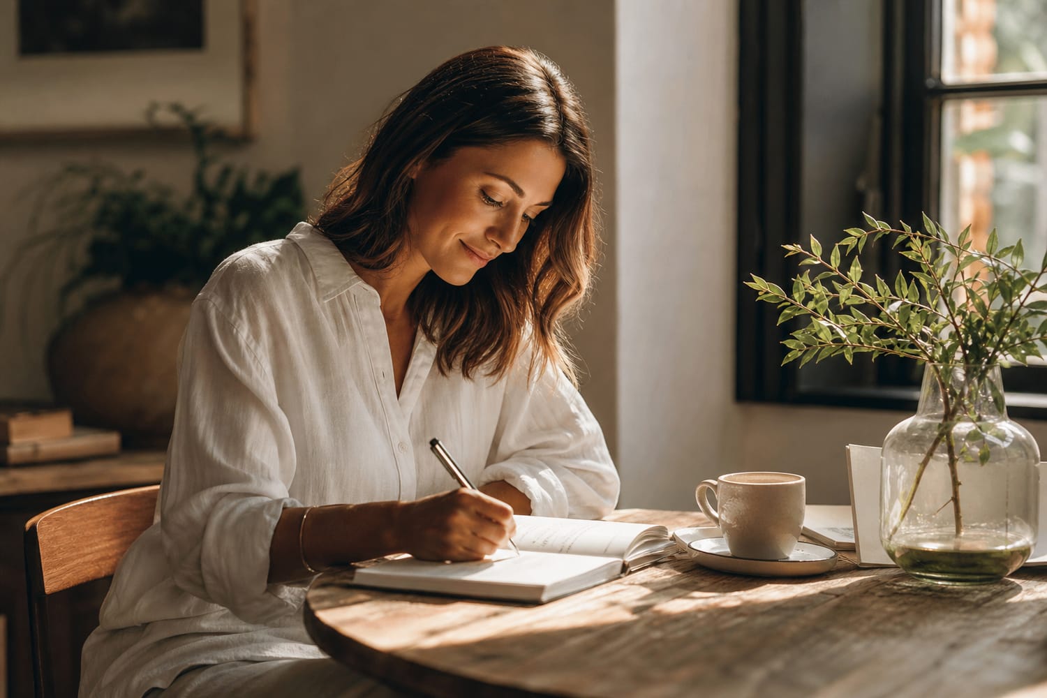 A woman writing goals in a notebook at a sunlit table.