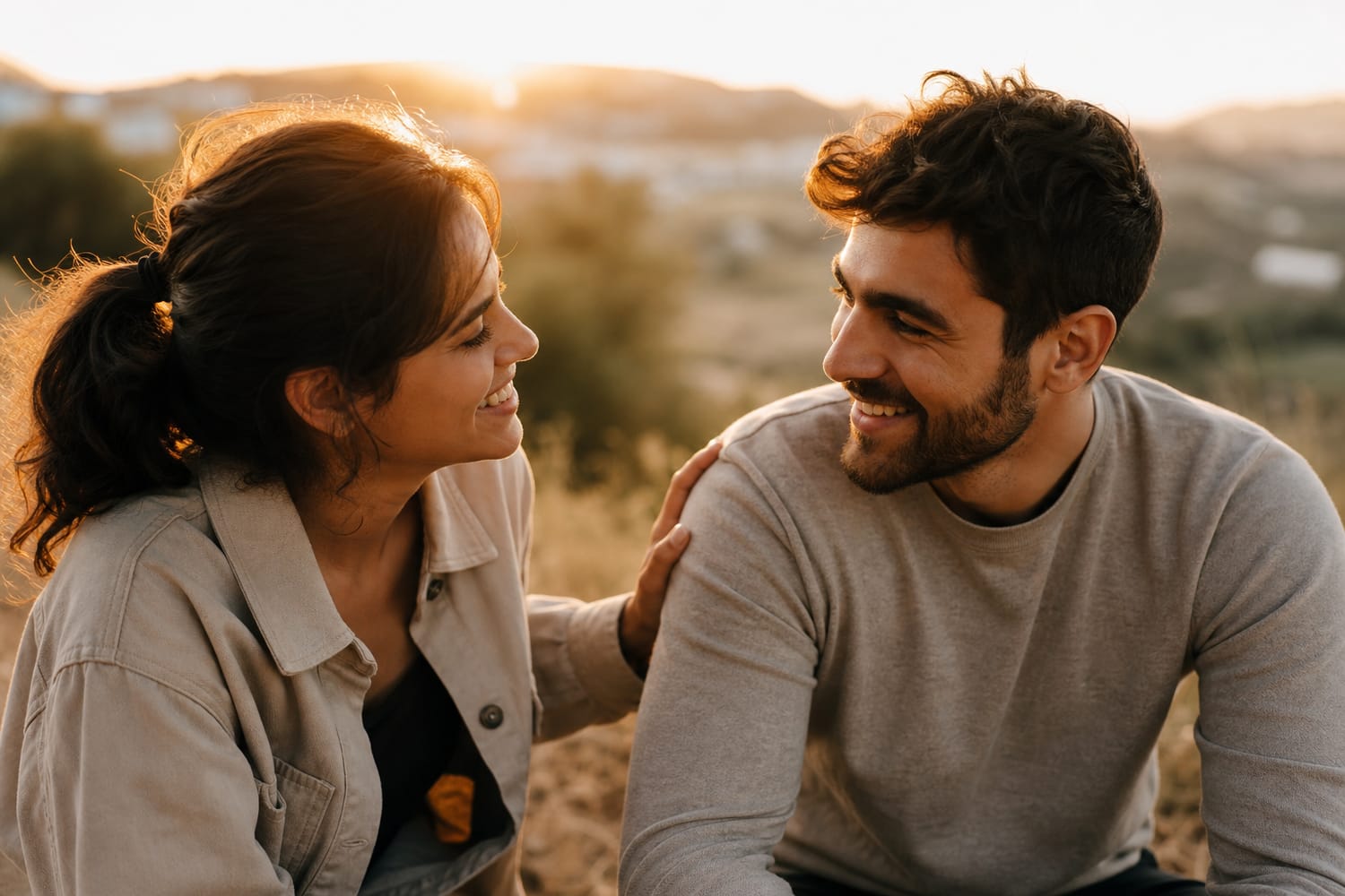 Two friends, a woman and a man, sharing a warm, grateful moment together outdoors in golden afternoon light.