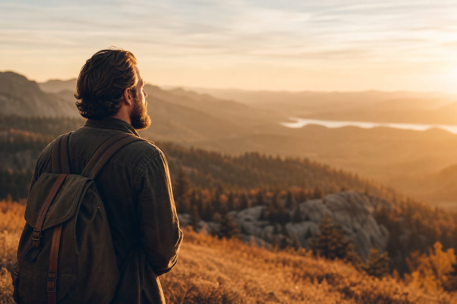 A man pausing on a walk to take in a beautiful natural view, calm and appreciative, soft golden light.