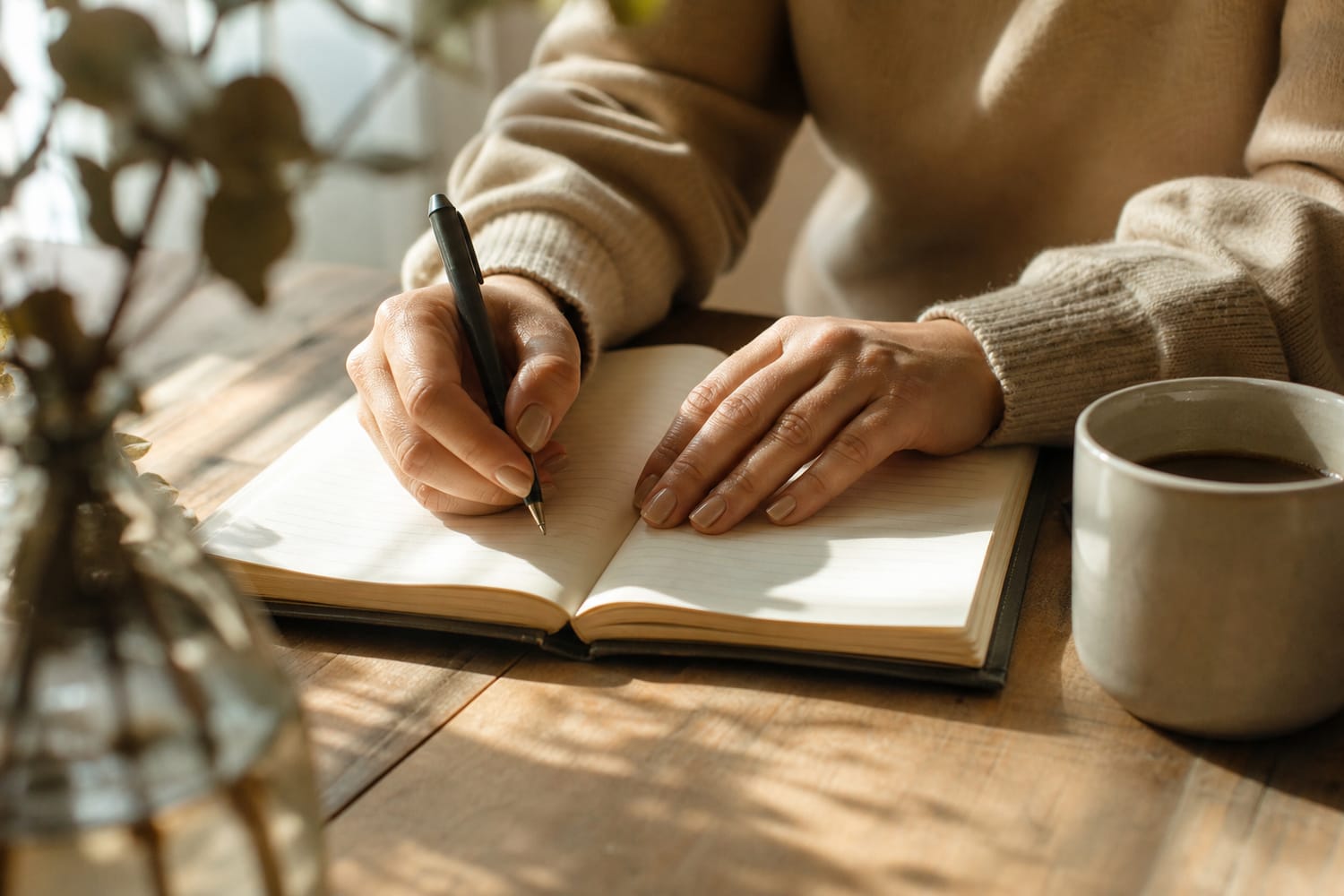 Close-up of a person's hands writing in a gratitude journal beside a cup of coffee.