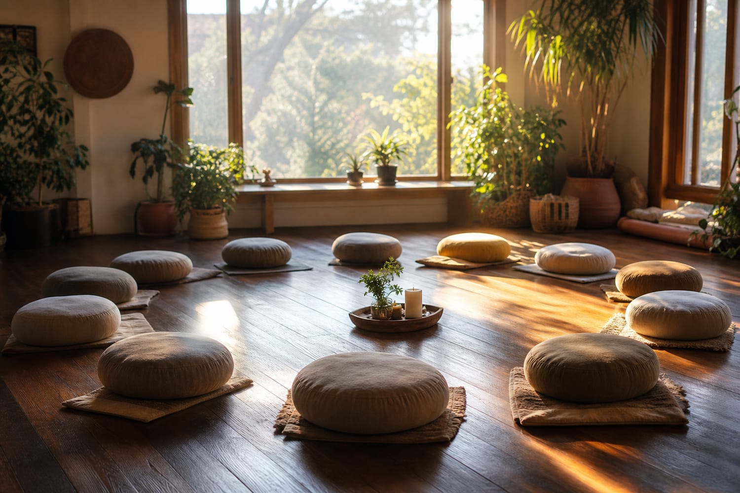 A circle of floor cushions arranged in a calm, sunlit meditation studio before a session, plants and soft natural light, no people.
