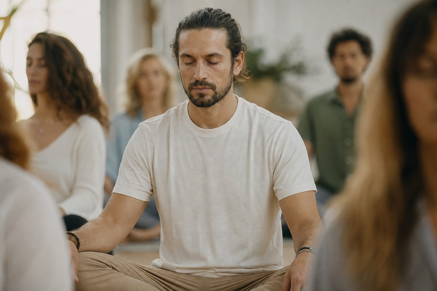 A man sitting with his eyes closed and a soft, settled expression during a group meditation session, other people gently out of focus around him.