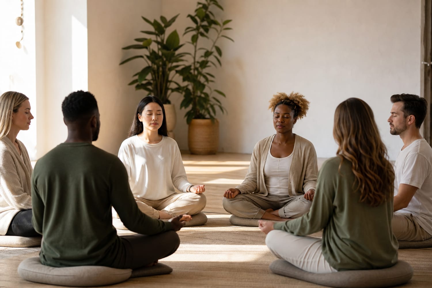 A small mixed group of men and women meditating together in a bright, calm studio.