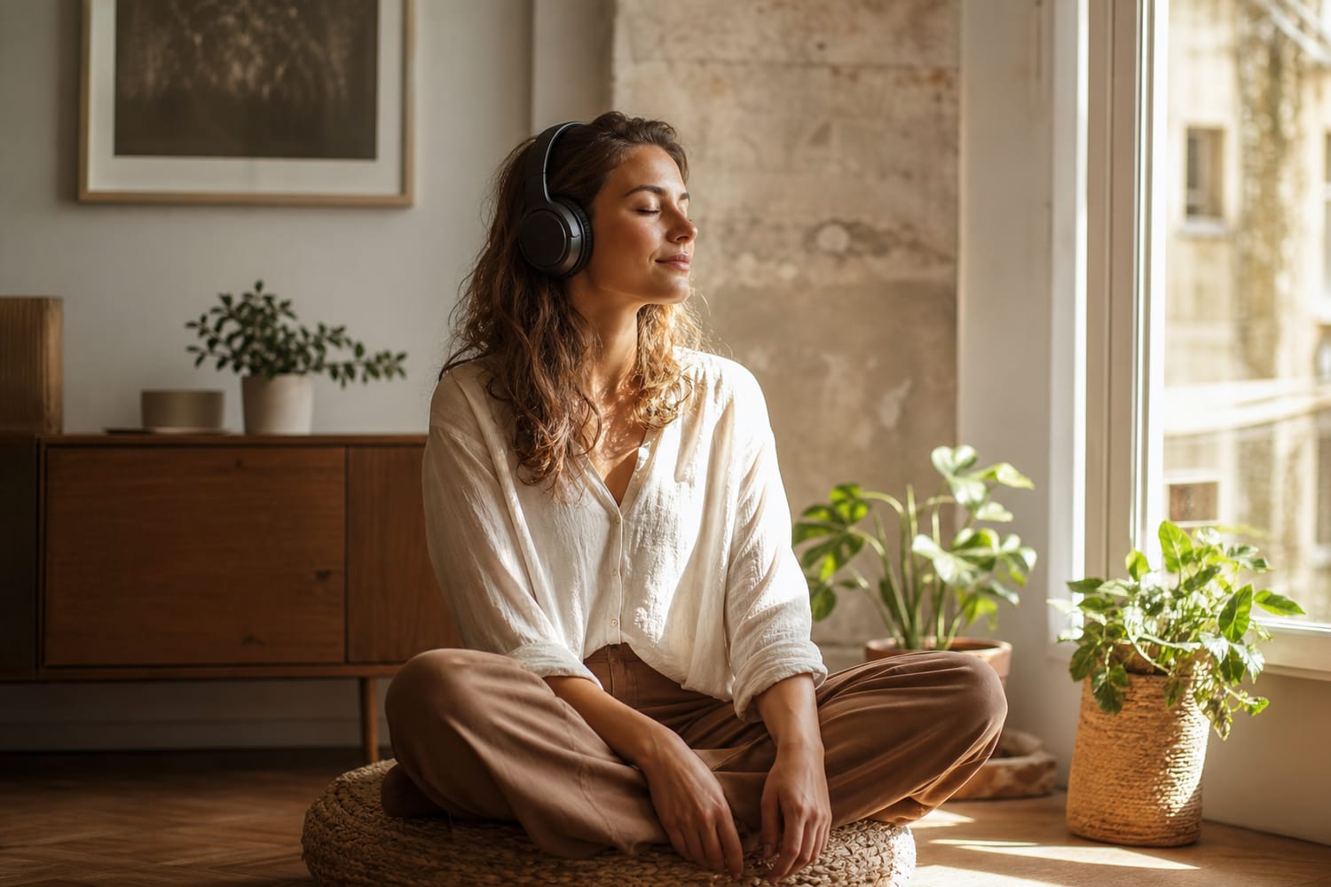 A woman sitting cross legged on a floor cushion by a sunlit window, wearing over ear headphones, eyes gently closed and deeply relaxed.