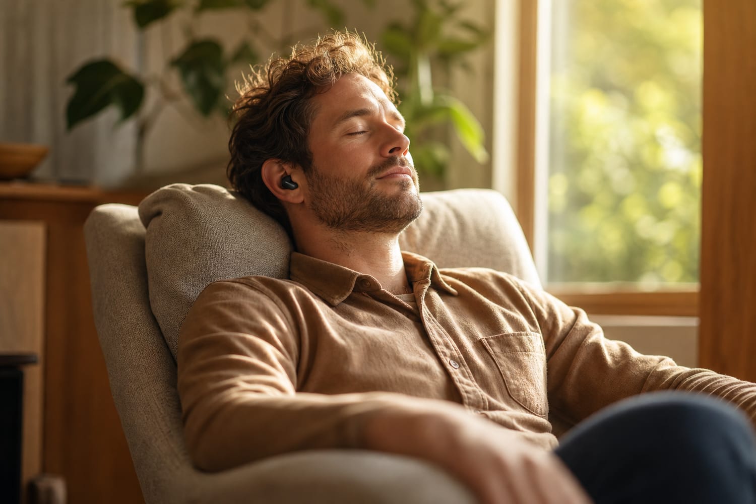A man reclining comfortably in a soft armchair with wireless earbuds in, eyes closed, calm and unwinding in soft afternoon light.